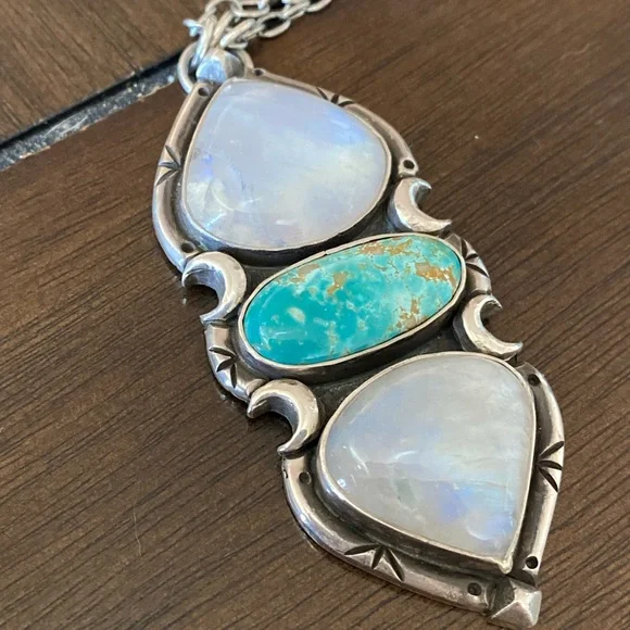 Pacific Crest Silver moonstone and turquoise sterling silver pendant - Picture 3 of 13